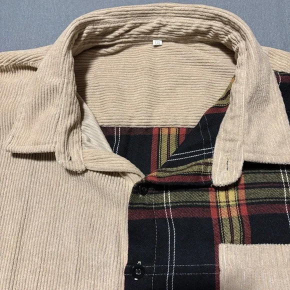 Mens Corduroy Shirt XXL Khaki Long Sleeve Button Up Flannel Plaid Shacket - Picture 9 of 14
